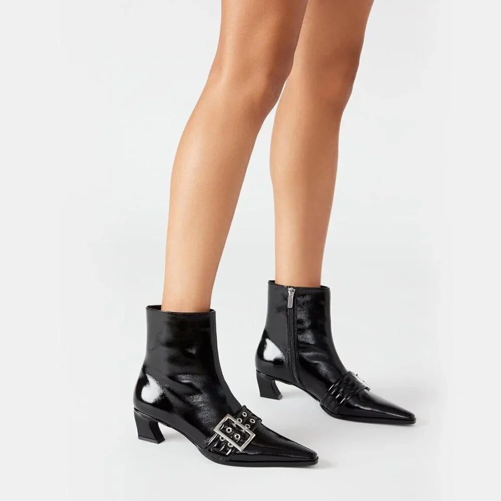 Women's Black Buckle Ankle Kitten Low Heel Eyelet Pointy Toe Dress Short Boots